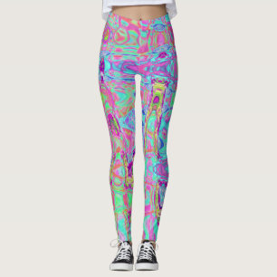 Cosmic Abstract Aqua and Hot Pink Retro Ripples Leggings