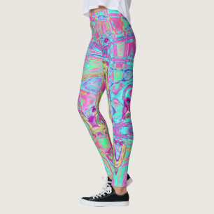 Cosmic Abstract Aqua and Hot Pink Retro Ripples Leggings