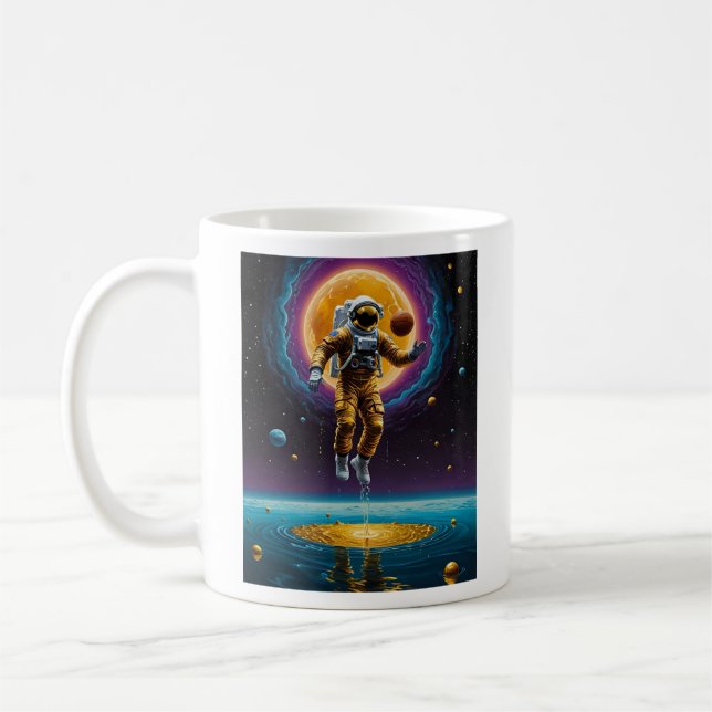 Cosmic Astronaut Basketball Over Gold Planet Tee Coffee Mug (Left)