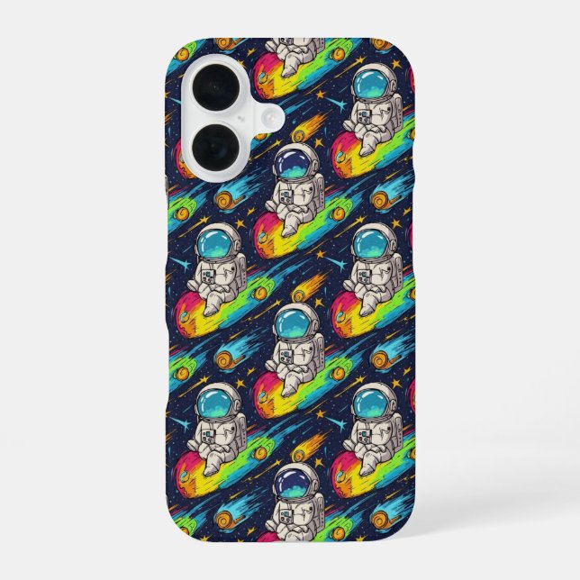 Cosmic Astronaut Meteor Ride Pattern iPhone 16 Case (Back)