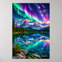 Cosmic Aurora Mountain Lake - Galaxy Reflection