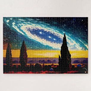 Cosmic Ballet Over Earth-like Planet Landscape Jigsaw Puzzle