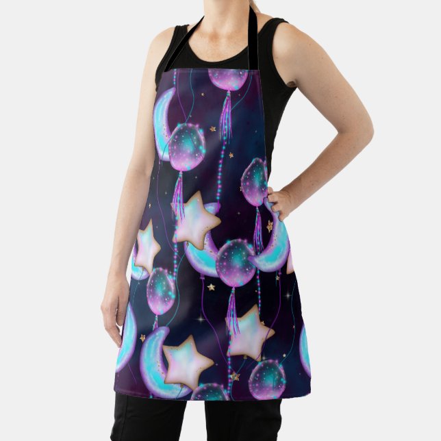 Cosmic Balloons | Blue Purple Moon Stars Planets Apron (Insitu)