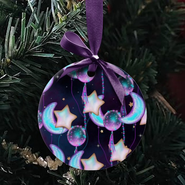 Cosmic Balloons | Blue Purple Moon Stars Planets Ceramic Ornament (Creator Uploaded)
