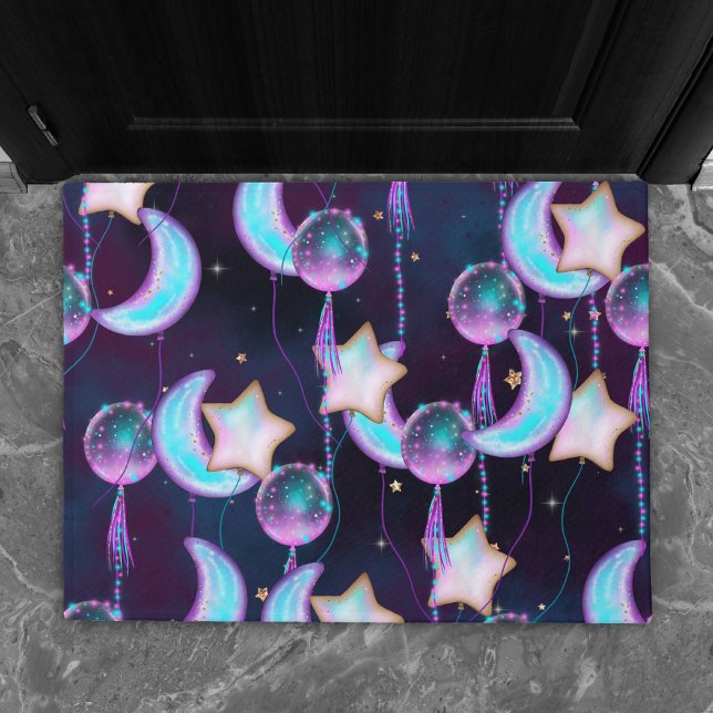 Cosmic Balloons | Blue Purple Moon Stars Planets Doormat (Creator Uploaded)