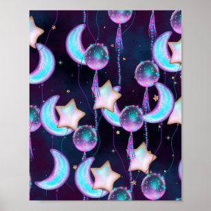 Cosmic Balloons   Blue Purple Moon Stars Planets Poster