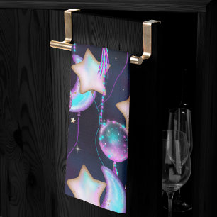 Cosmic Balloons   Blue Purple Moon Stars Planets Tea Towel