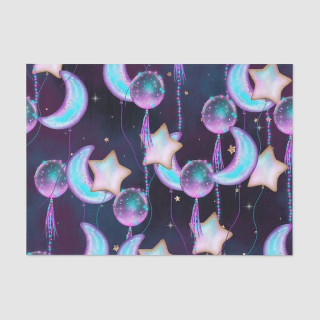 Cosmic Balloons | Blue Purple Moon Stars Planets Tissue Paper (Front)