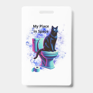 Cosmic Black Cat Toilet – Surreal Vaporwave Art ID Badge