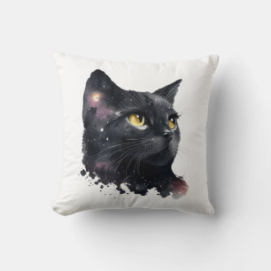 Cosmic Black Cat Watercolor Starry Night Feline Cushion