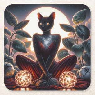 Cosmic Black Cat with Glowing Eyes Surreal Digital Square Paper Coaster
