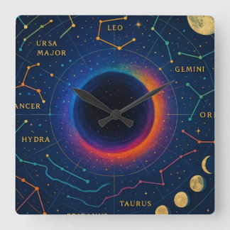 Cosmic Black Hole & Constellations Art - Celestial Square Wall Clock