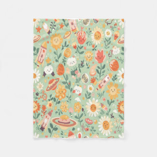 Cosmic Bloom: Happy Planets & Sunflowers Fleece Blanket