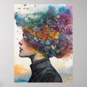 Cosmic Bloom – Whimsical Butterfly-Haired Woman Poster