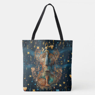 Cosmic Blue and Gold Rococo Violin Large Tote