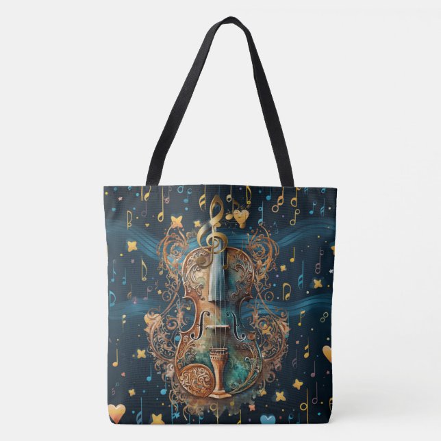  Cosmic Blue and Gold Rococo Violin Large Tote (Front)