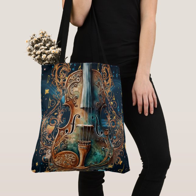 Cosmic Blue and Gold Violin Large Tote (Close Up)