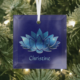 Cosmic Blue Galaxy Lotus Flower with Name Glass Tree Decoration