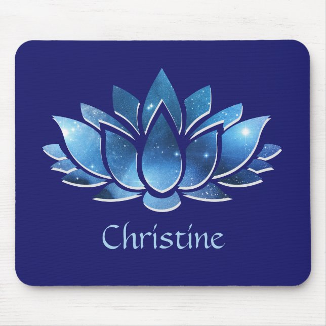 Cosmic Blue Galaxy Lotus Flower with Name Mouse Pad (Front)
