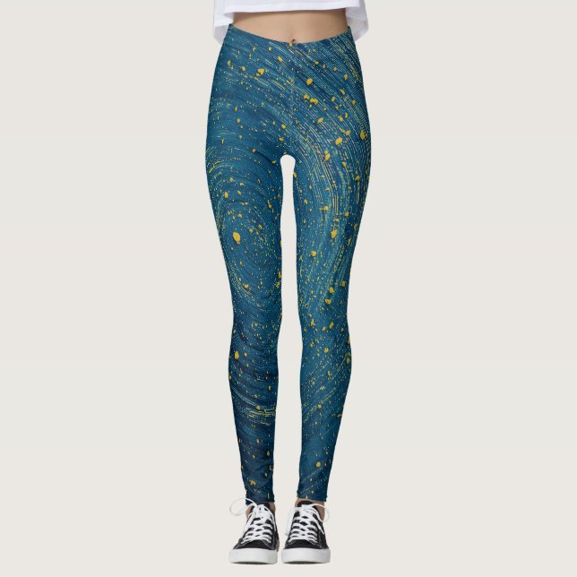 Cosmic Blue & Gold Abstract Print Yoga PanLeggings Leggings (Front)