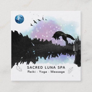 *~* Cosmic Blue Moon Fox Leaping Pine Tree Rainbow Square Business Card
