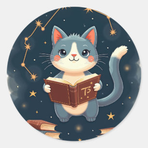 Cosmic Bookworm Cat Space Reading Adventure One Mo Classic Round Sticker