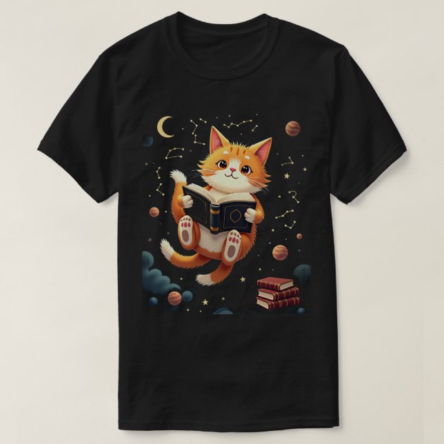 Cosmic Bookworm Cat Space Reading One More Chapter T-Shirt (Design Front)