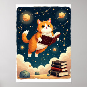 Cosmic Bookworm Cat Space Reading Sticker Tshirt Poster