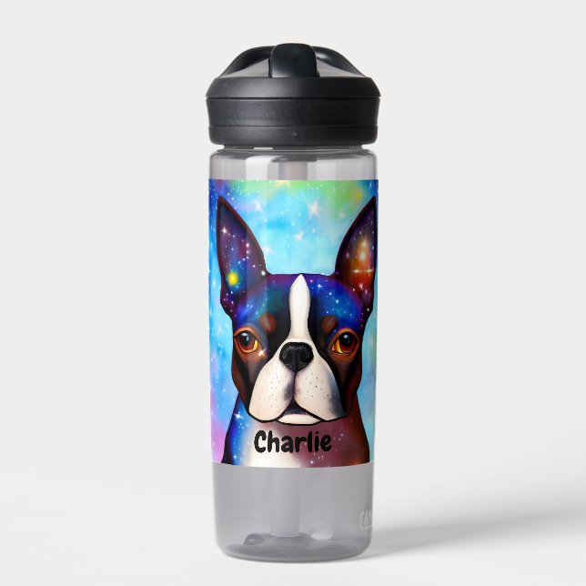 Cosmic Boston Terrier Monogram Water Bottle (Front)