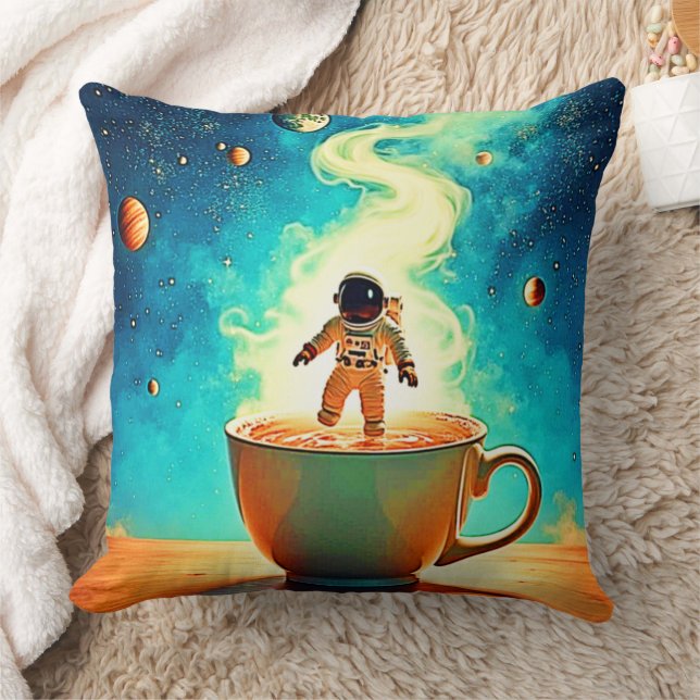 Cosmic Brew: Astronaut's Coffee Dream Cushion (Blanket)