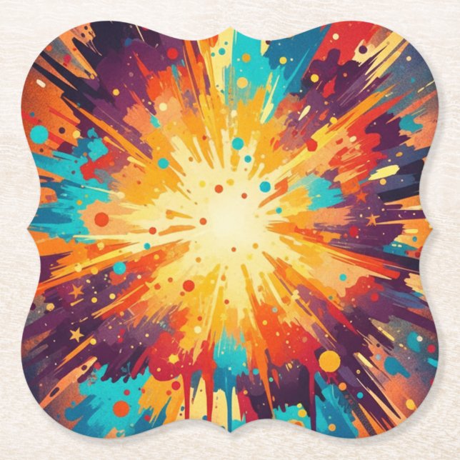 Cosmic Burst Abstract Splatter Art Paper Coaster (Front)