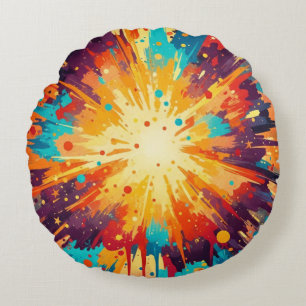 Cosmic Burst Abstract Splatter Art Round Cushion