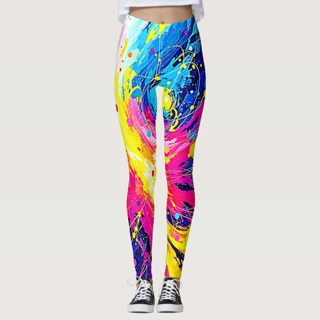 Cosmic Burst: Vibrant Splatter Art Leggings (Front)