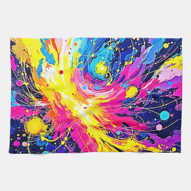 Cosmic Burst: Vibrant Splatter Art Tea Towel (Horizontal)