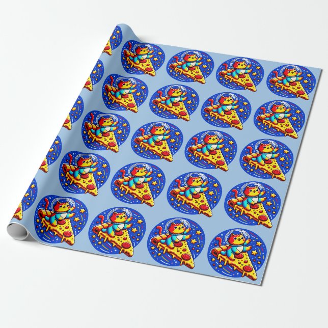 Cosmic Cat Astronaut Sticker - Funny Space Pizza Wrapping Paper (Unrolled)