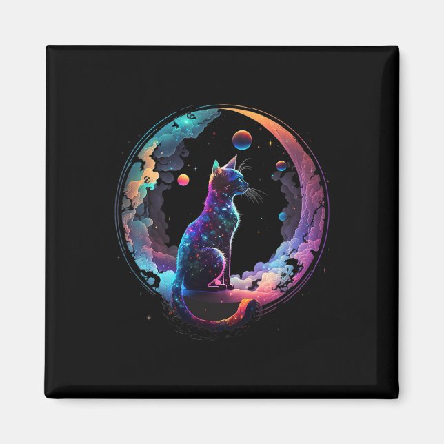 Cosmic Cat Cool Colourful Crescent Moon And Clouds Magnet (Front)