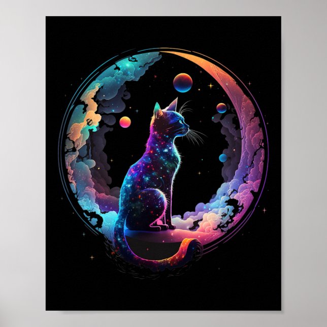 Cosmic Cat Cool Colourful Crescent Moon And Clouds Poster (Front)