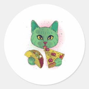Cosmic Cat eating Pizza and Taco Classic Round Sticker
