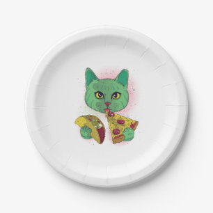 Cosmic Cat eating Pizza and Taco Paper Plate