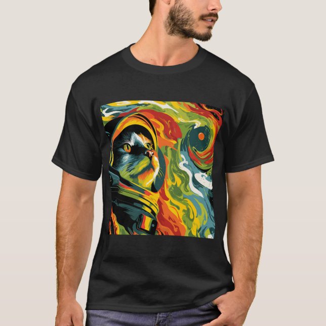 Cosmic Cat Explorer – Psychedelic Space Art T-Shirt (Front)