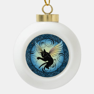 Cosmic Cat Moon and Stars Ceramic Ball Christmas Ornament