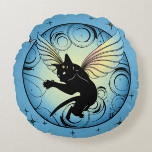 Cosmic Cat Moon and Stars Round Cushion