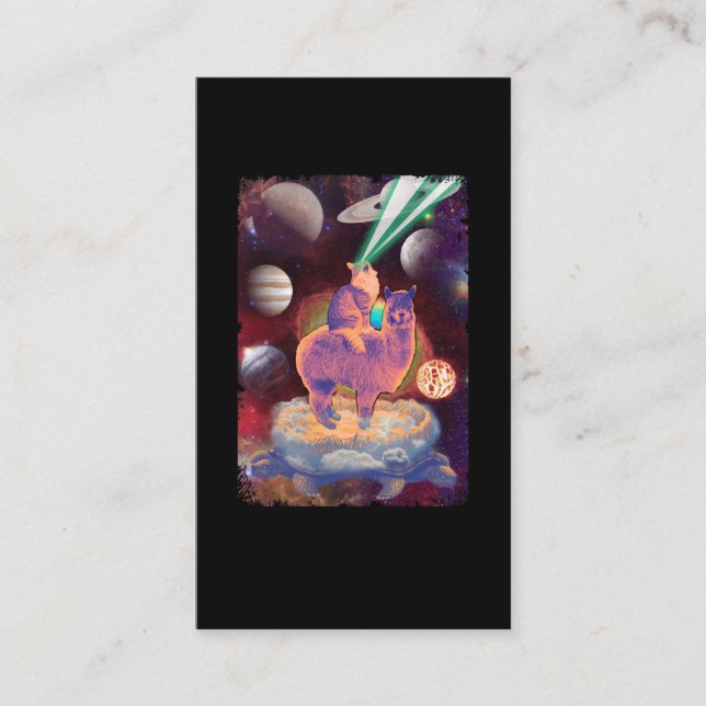 Cosmic Cat riding Llama Alpaca Turtle Space Business Card (Front)
