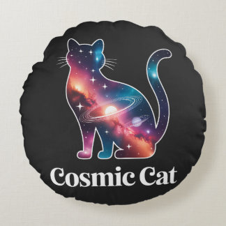 Cosmic Cat Silhouette Galaxy Space Stars Celestial Round Cushion