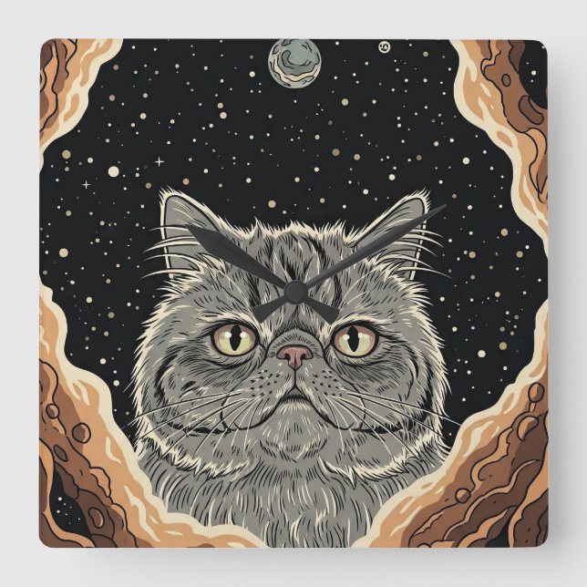 Cosmic Cat Square Wall Clock (Front)