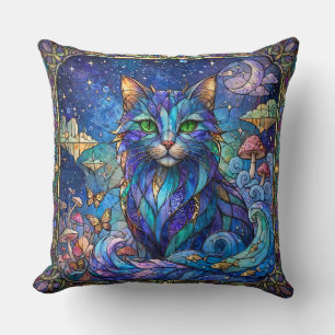 Cosmic Cat Stained Glass Surreal Blue Green Eyes Cushion