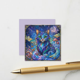 Cosmic Cat Stained Glass Surreal Blue Green Eyes Enclosure Card
