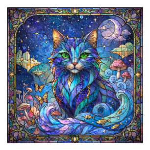 Cosmic Cat Stained Glass Surreal Blue Green Eyes Photo Print