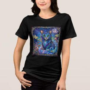 Cosmic Cat Stained Glass Surreal Blue Green Eyes Tri-Blend Shirt