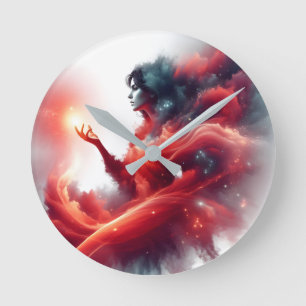 Cosmic Celestial Goddess Abstract Red Cloud Galaxy Round Clock